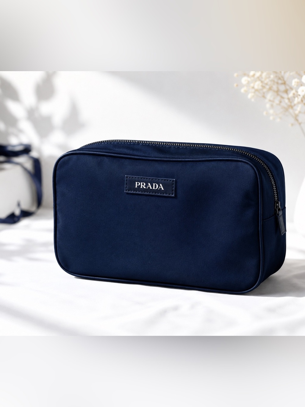 Prada Blue Textile Cosmetic Pouch Travel Case Organizer NIB 7.5x5x2.5